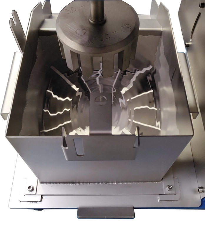 Flotation cell with rotor mixing a liquid sample during laboratory flotation testing